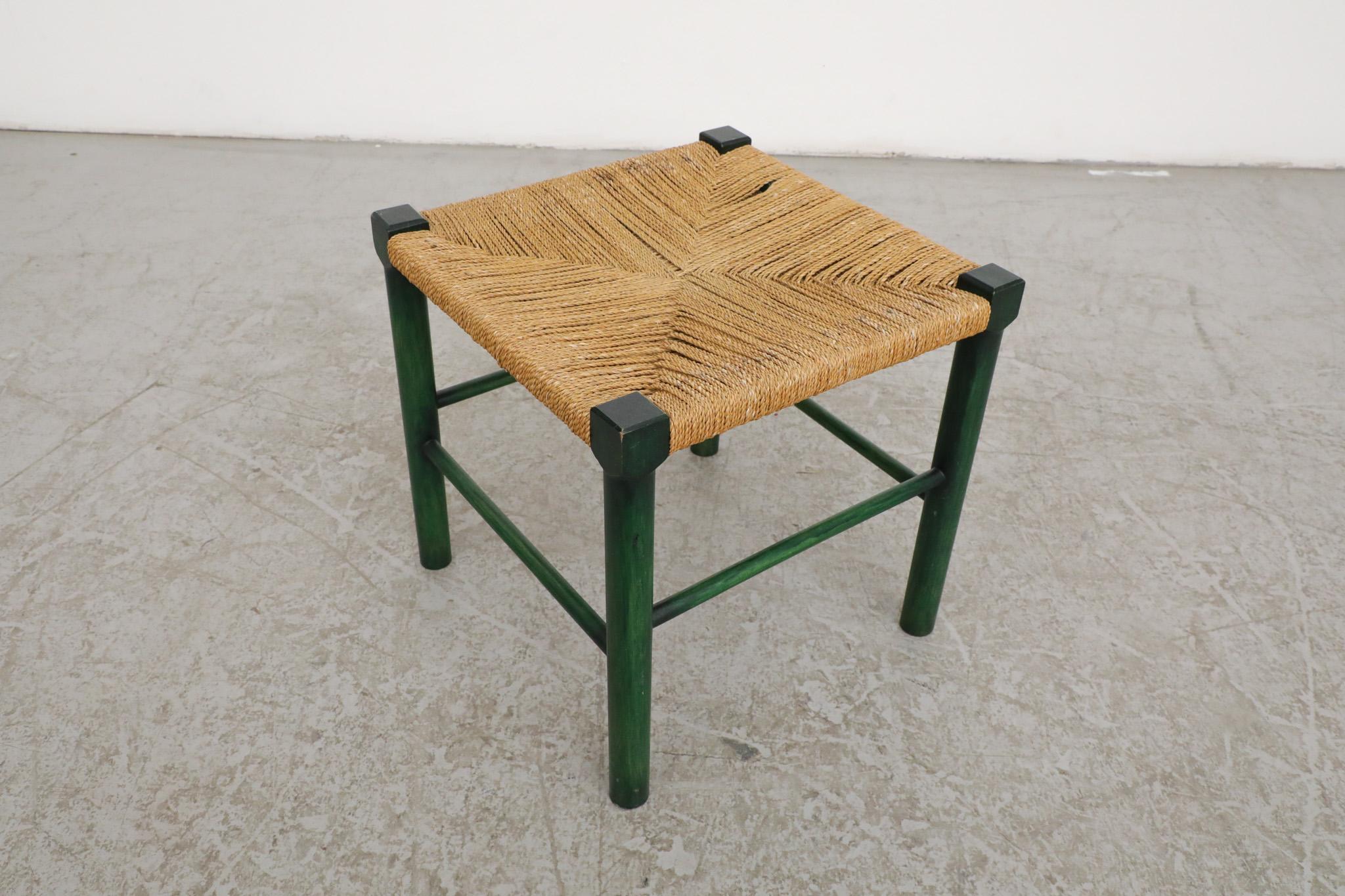 Charlotte Perriand Style Wood Stool with Green Stained Frame and Woven Seat For Sale 3