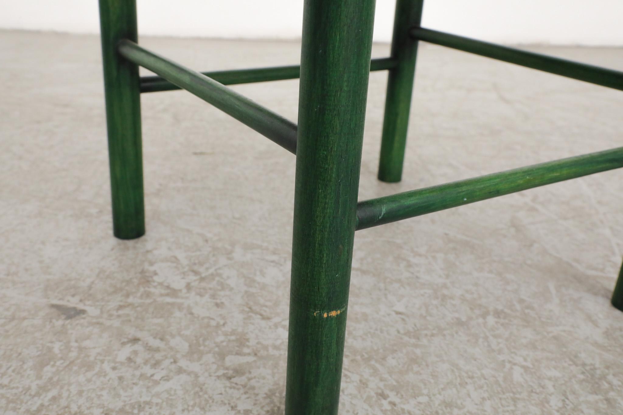 Charlotte Perriand Style Wood Stool with Green Stained Frame and Woven Seat For Sale 4