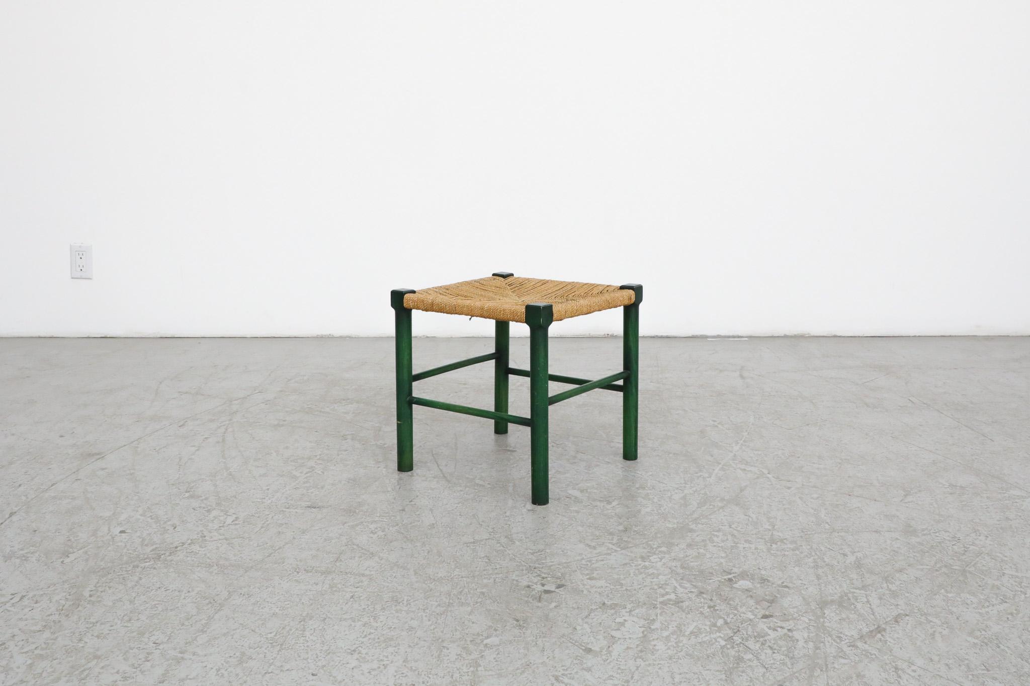 Single Mid-Century, green stained wood framed stool with hand-woven rope seat. Perfect little side table or light weight stool with some wear consistent with its age and light use. Similar stools also available and listed separately