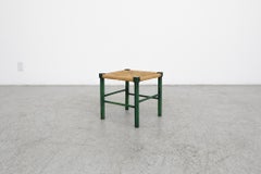 Charlotte Perriand Style Wood Stool with Green Stained Frame and Woven Seat