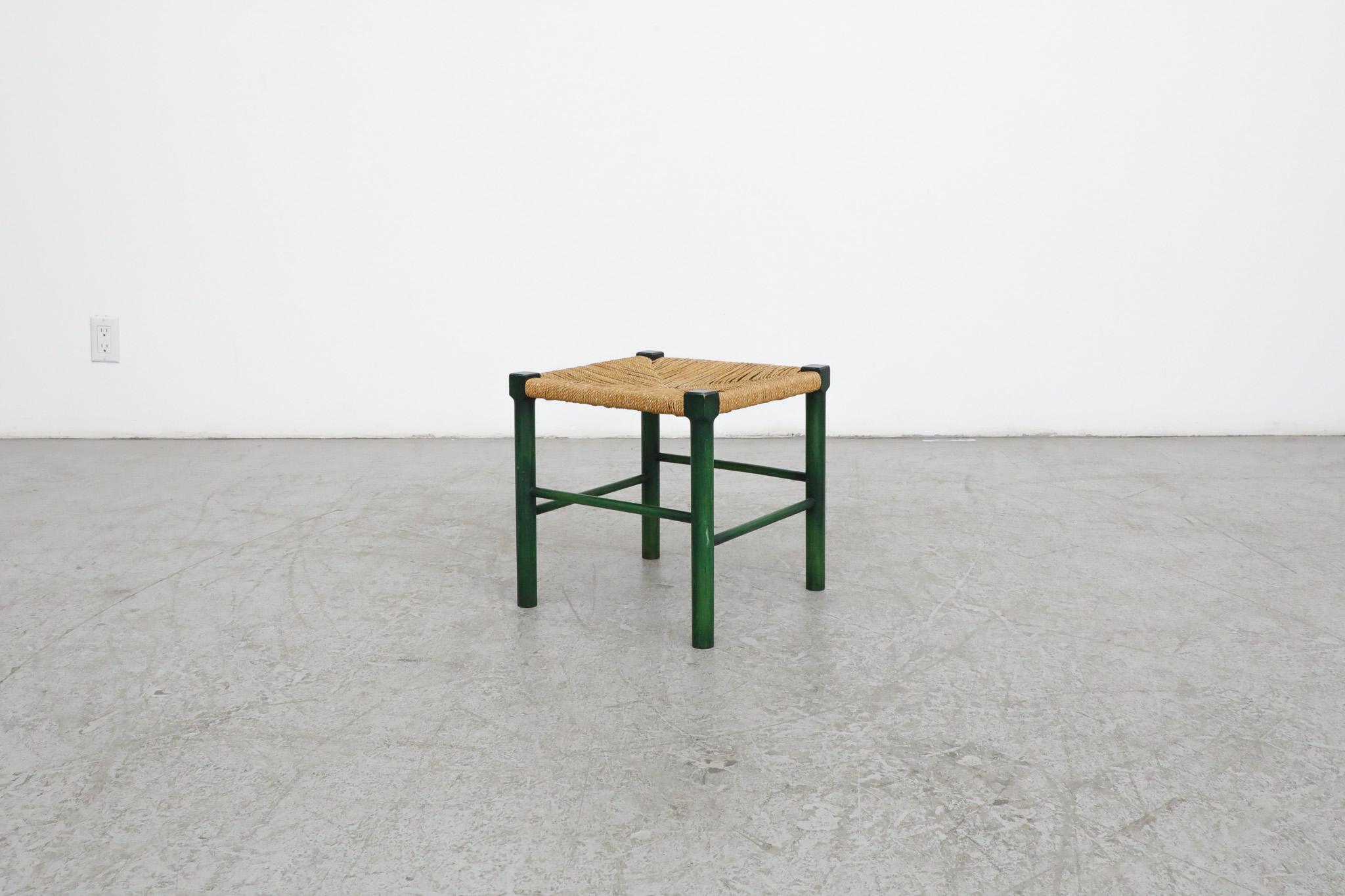 Dutch Charlotte Perriand Style Wood Stool with Green Stained Frame and Woven Seat For Sale