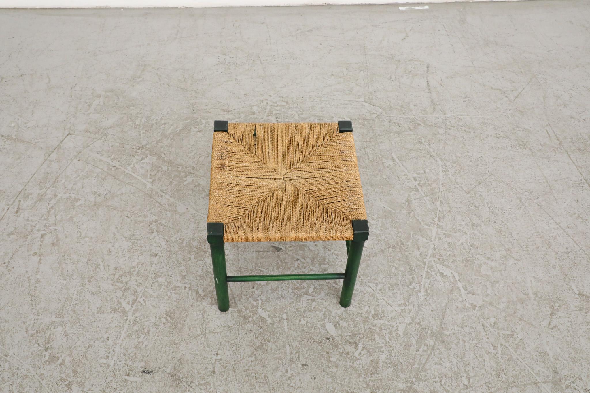 Mid-20th Century Charlotte Perriand Style Wood Stool with Green Stained Frame and Woven Seat For Sale