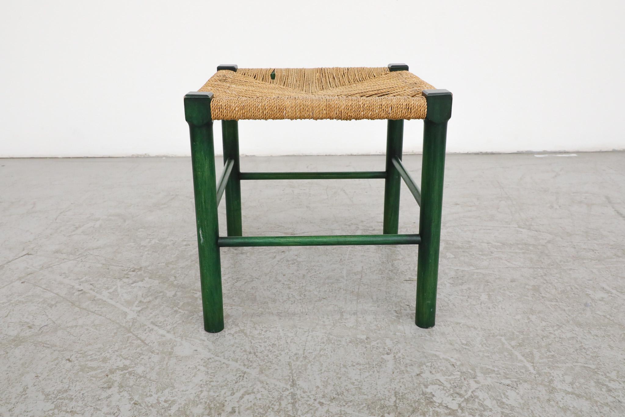 Rope Charlotte Perriand Style Wood Stool with Green Stained Frame and Woven Seat For Sale