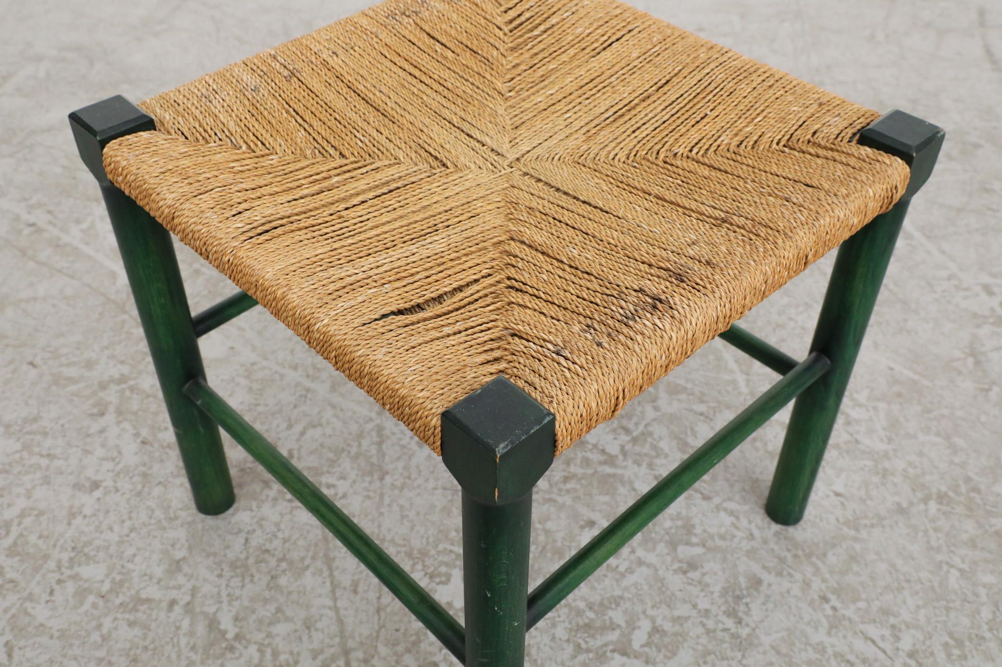 Charlotte Perriand Style Wood Stool with Green Stained Frame and Woven Seat For Sale 1