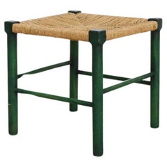 Retro Charlotte Perriand Style Wood Stool with Green Stained Frame and Woven Seat