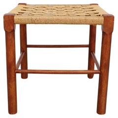 Single Charlotte Perriand Style Wooden Stool with Woven Seat