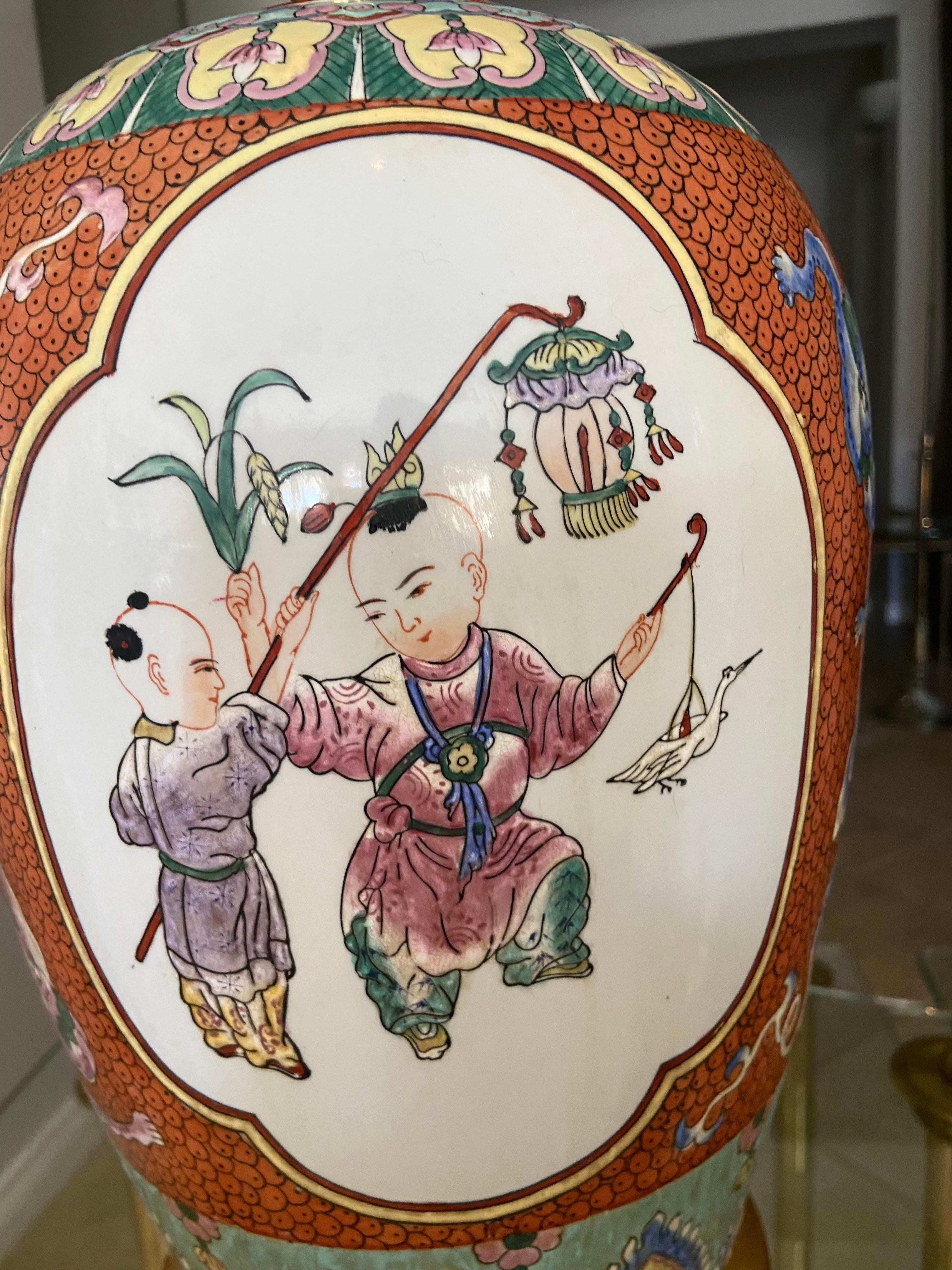 Single Chinese Children Famille Rose Porcelain Table Lamp For Sale 6