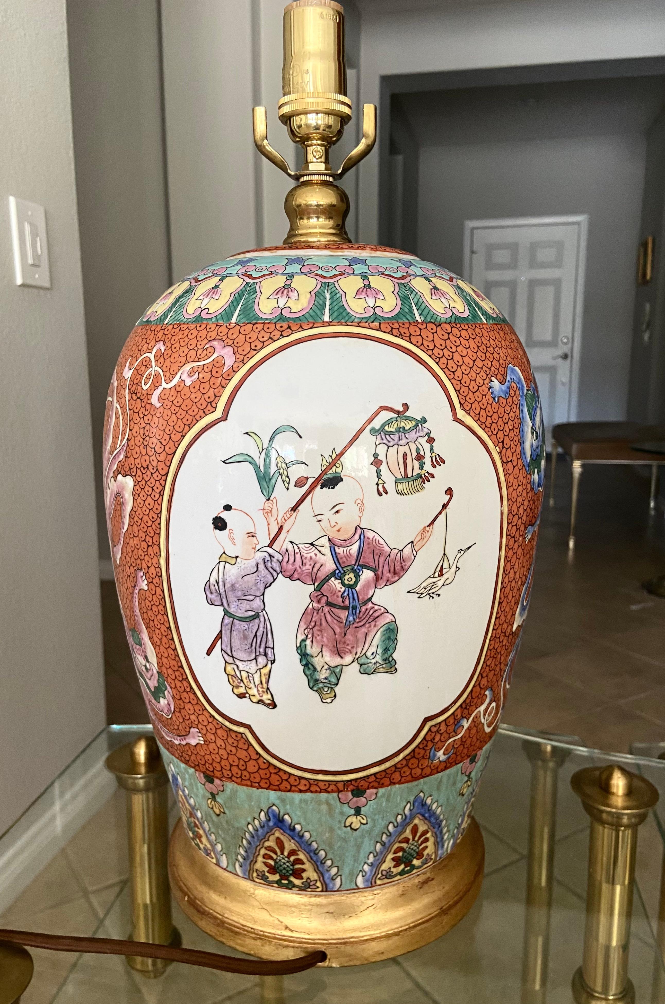 Single Chinese Children Famille Rose Porcelain Table Lamp For Sale 7