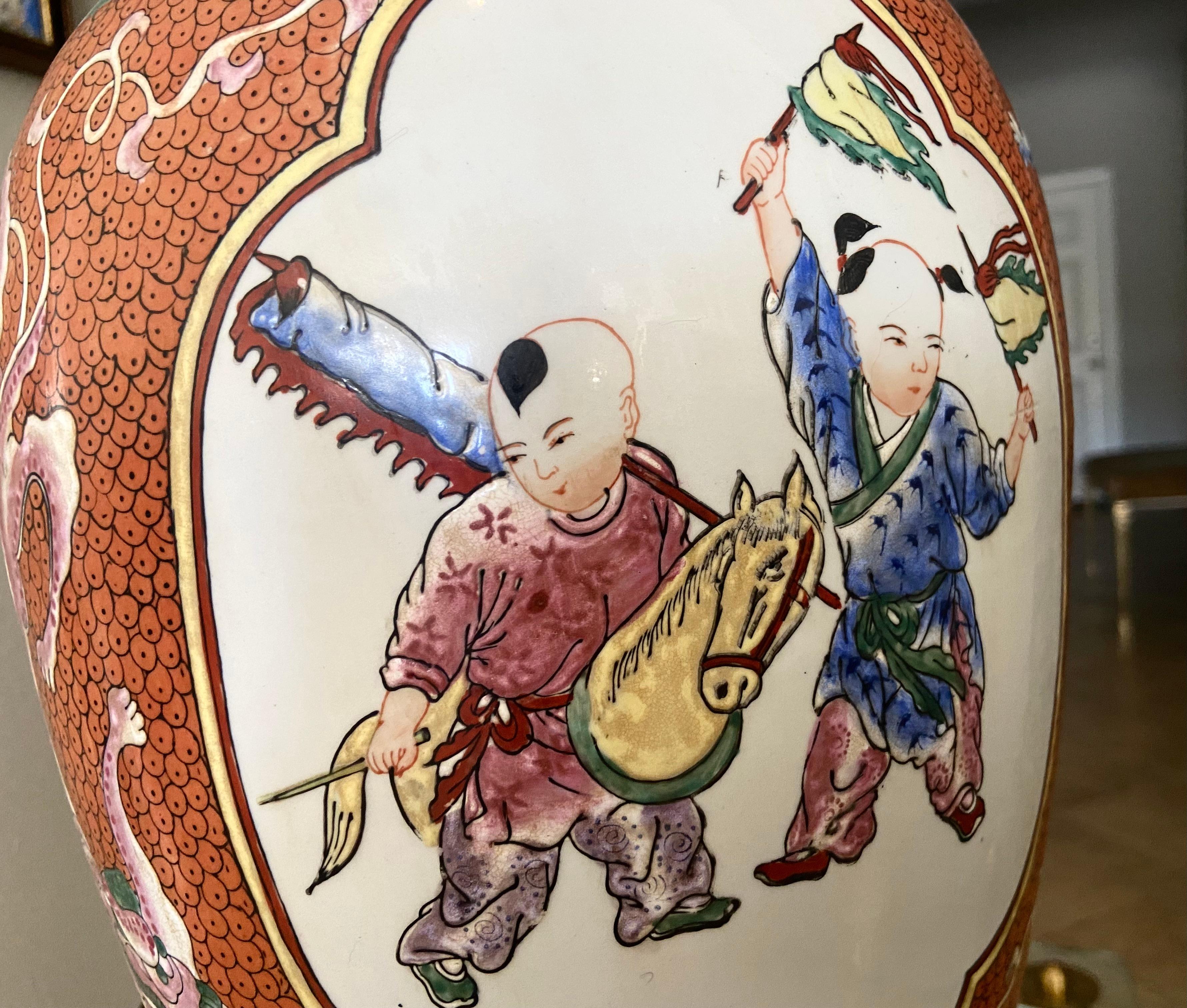 Single Chinese Children Famille Rose Porcelain Table Lamp For Sale 9