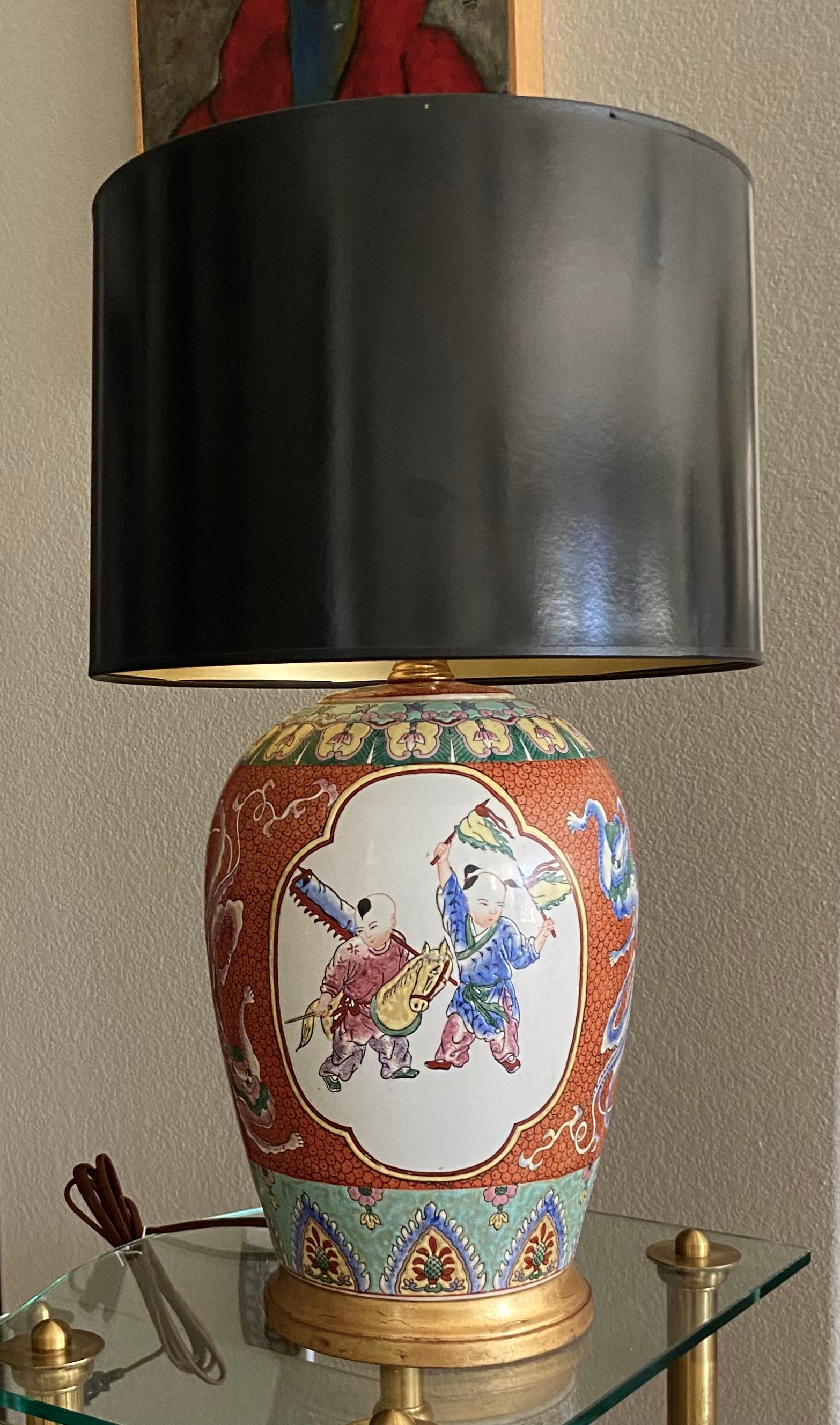 Single Chinese Children Famille Rose Porcelain Table Lamp For Sale 12