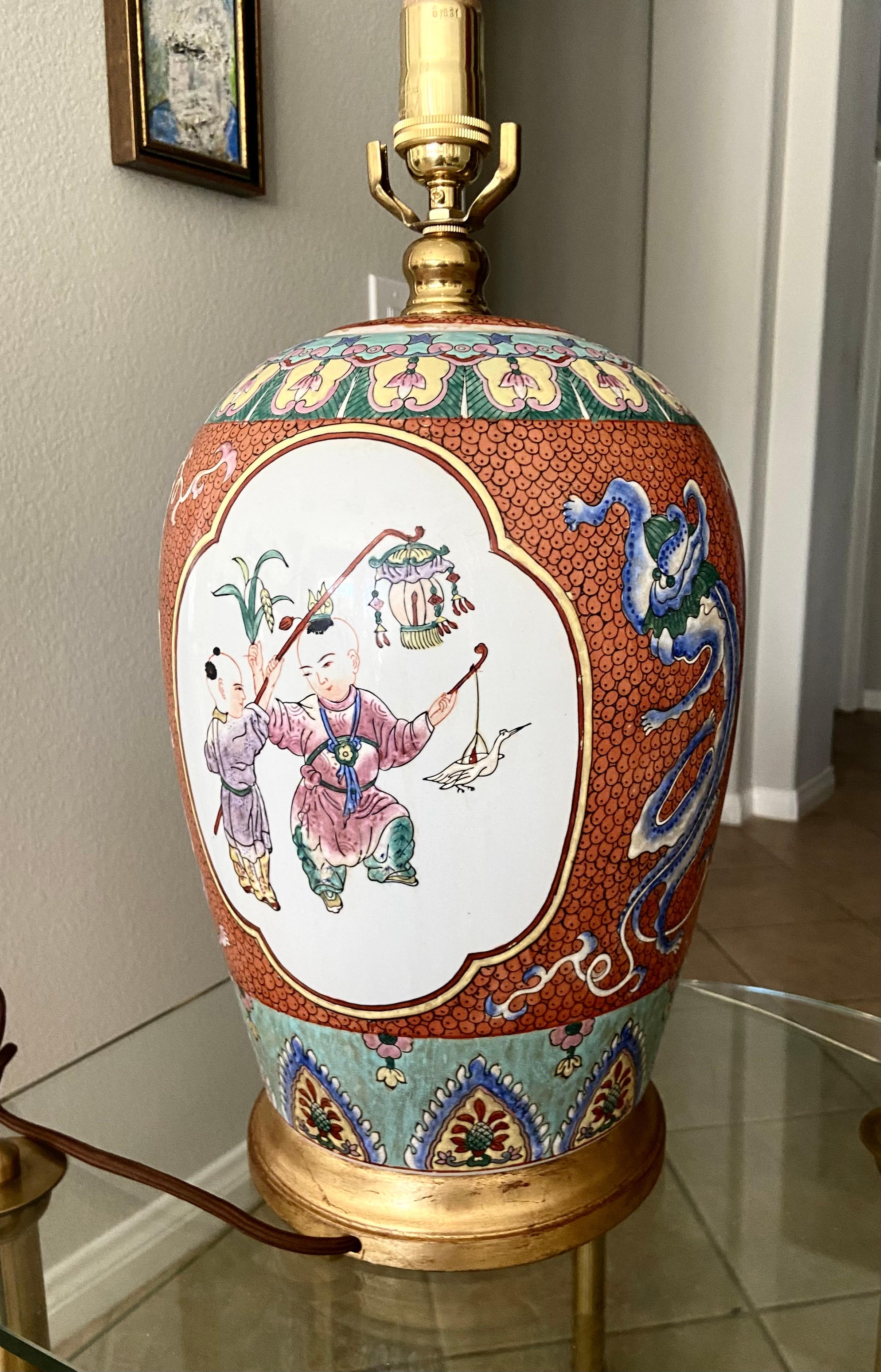 Single Chinese Children Famille Rose Porcelain Table Lamp For Sale 4