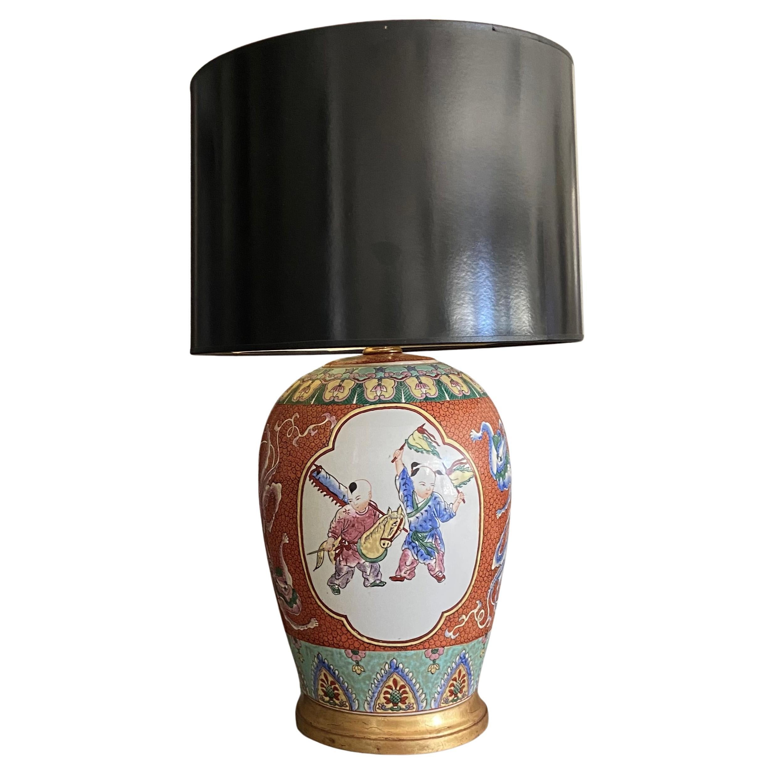 Single Chinese Children Famille Rose Porcelain Table Lamp For Sale