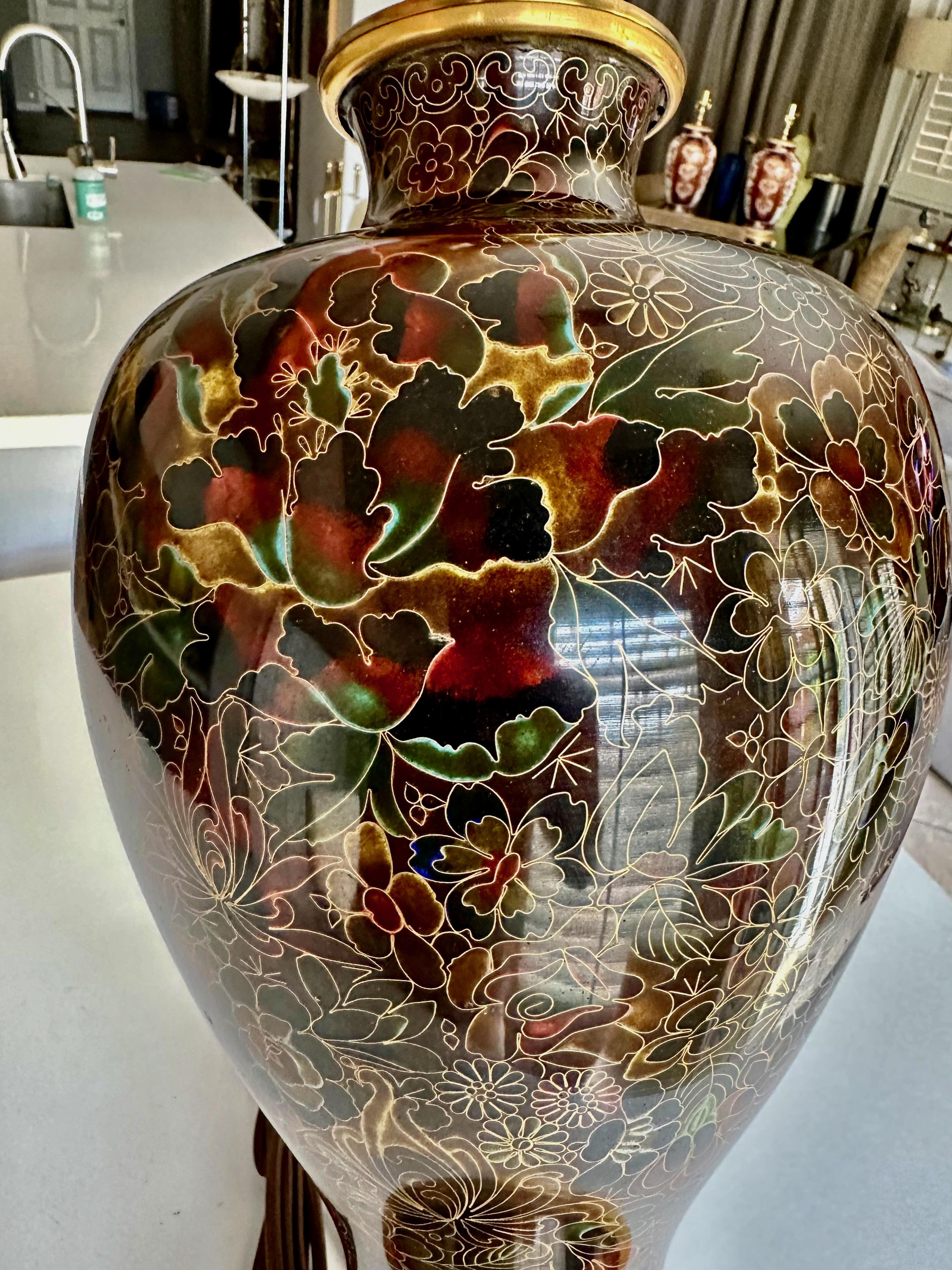 Metal Single Chinese Cloisonné Floral Table Lamp For Sale