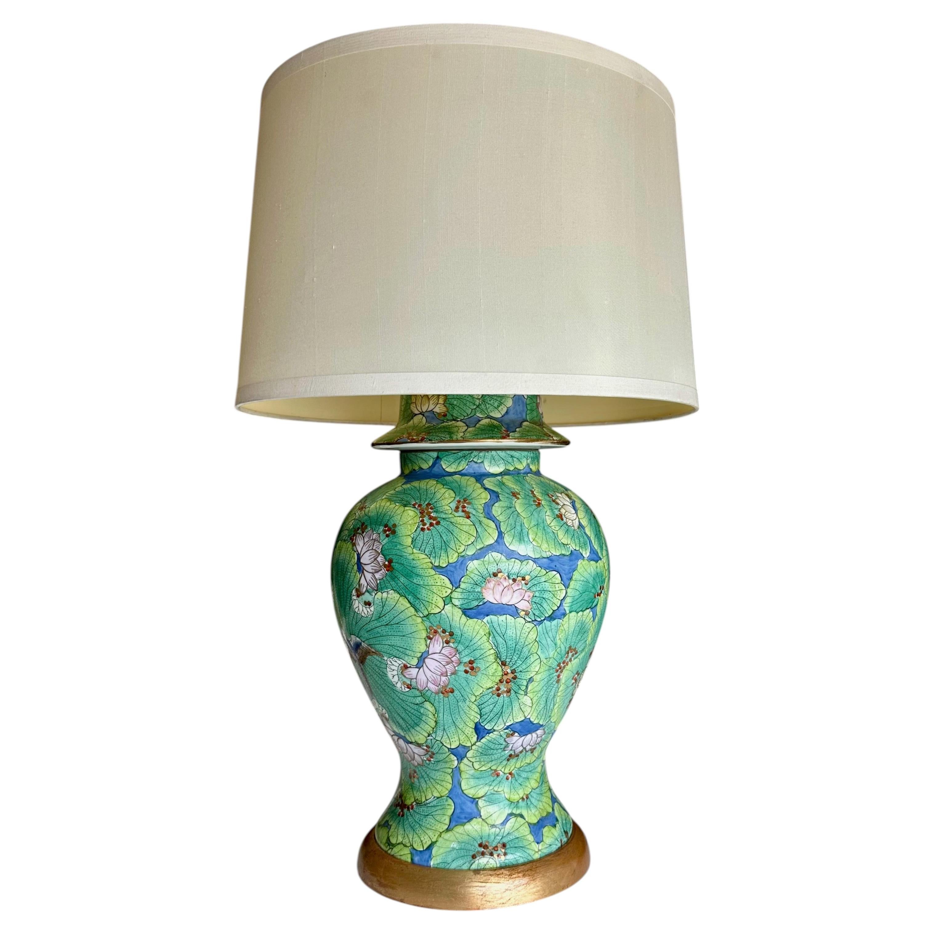 Single Chinese Green Lotus Flower Porcelain Table Lamp