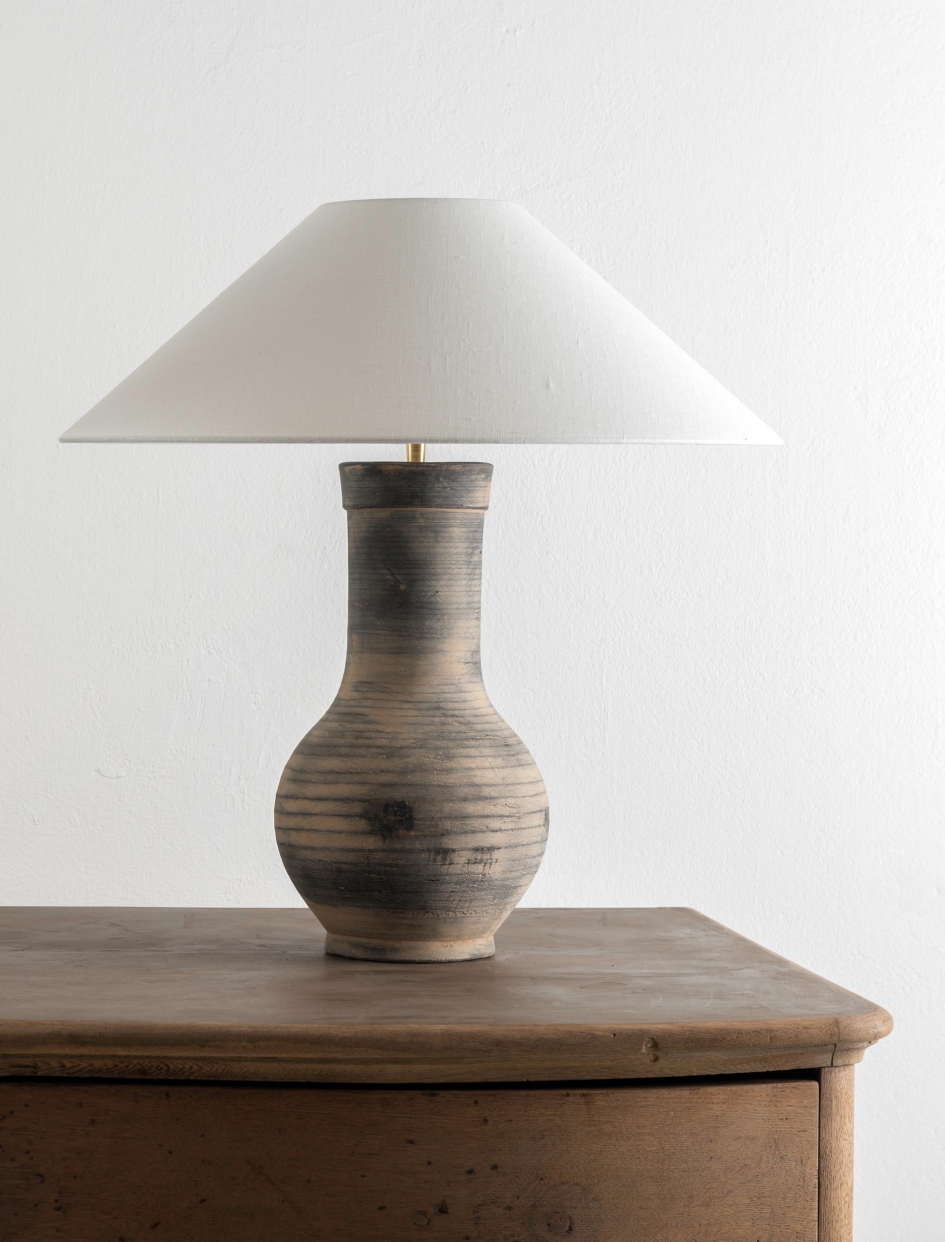 Contemporary Single Chinese Han Lamp with Handmade Belgian Linen Shade