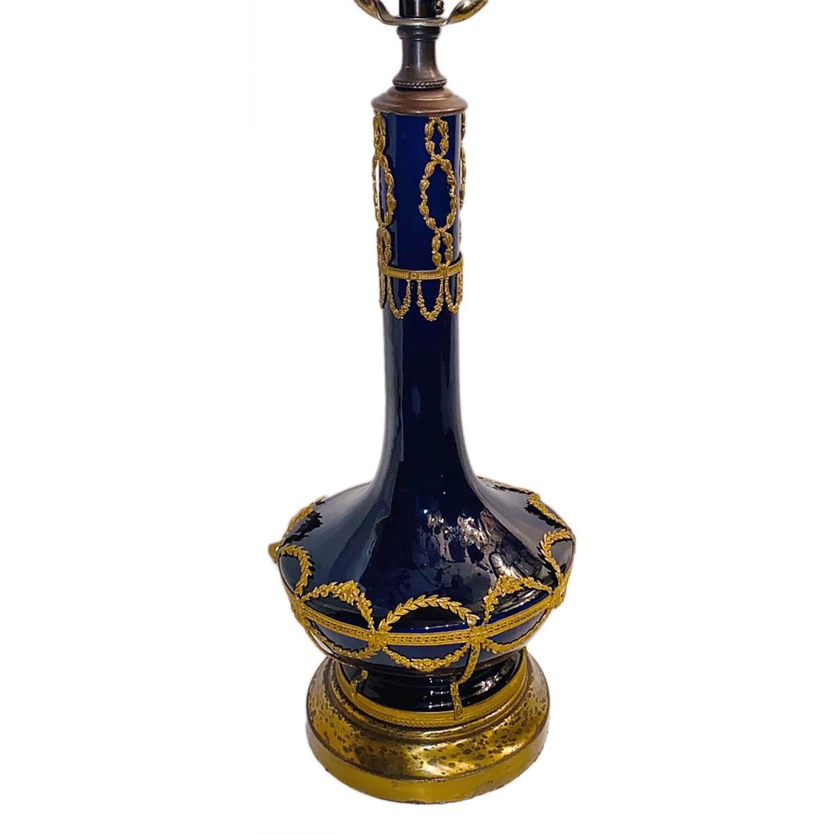 French Single Cobalt Blue Porcelain Table Lamp For Sale