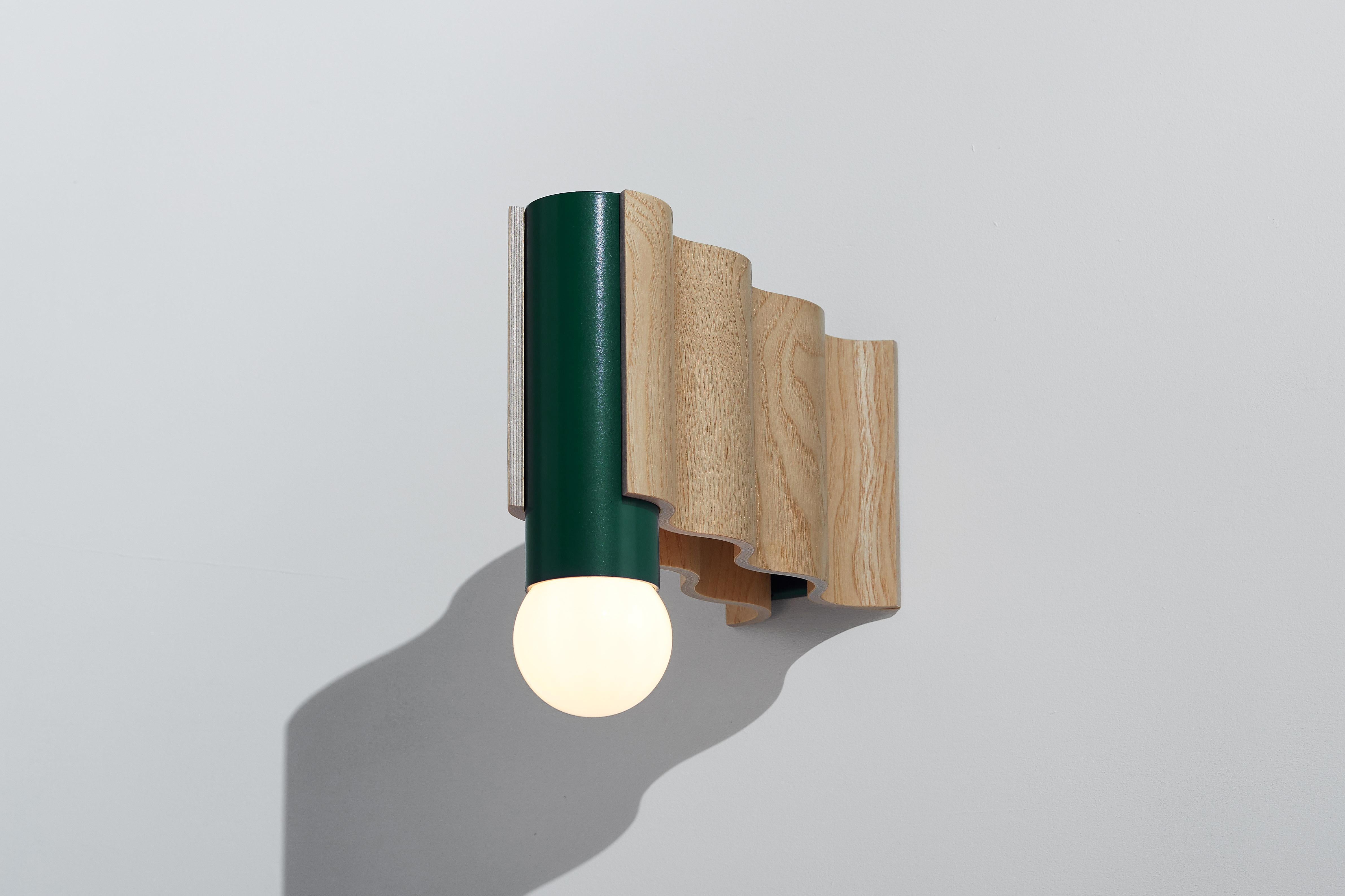 Post-Modern Single Corrugation Sconce / Wall Light in Natural Ash Veneer and Moss Green For Sale