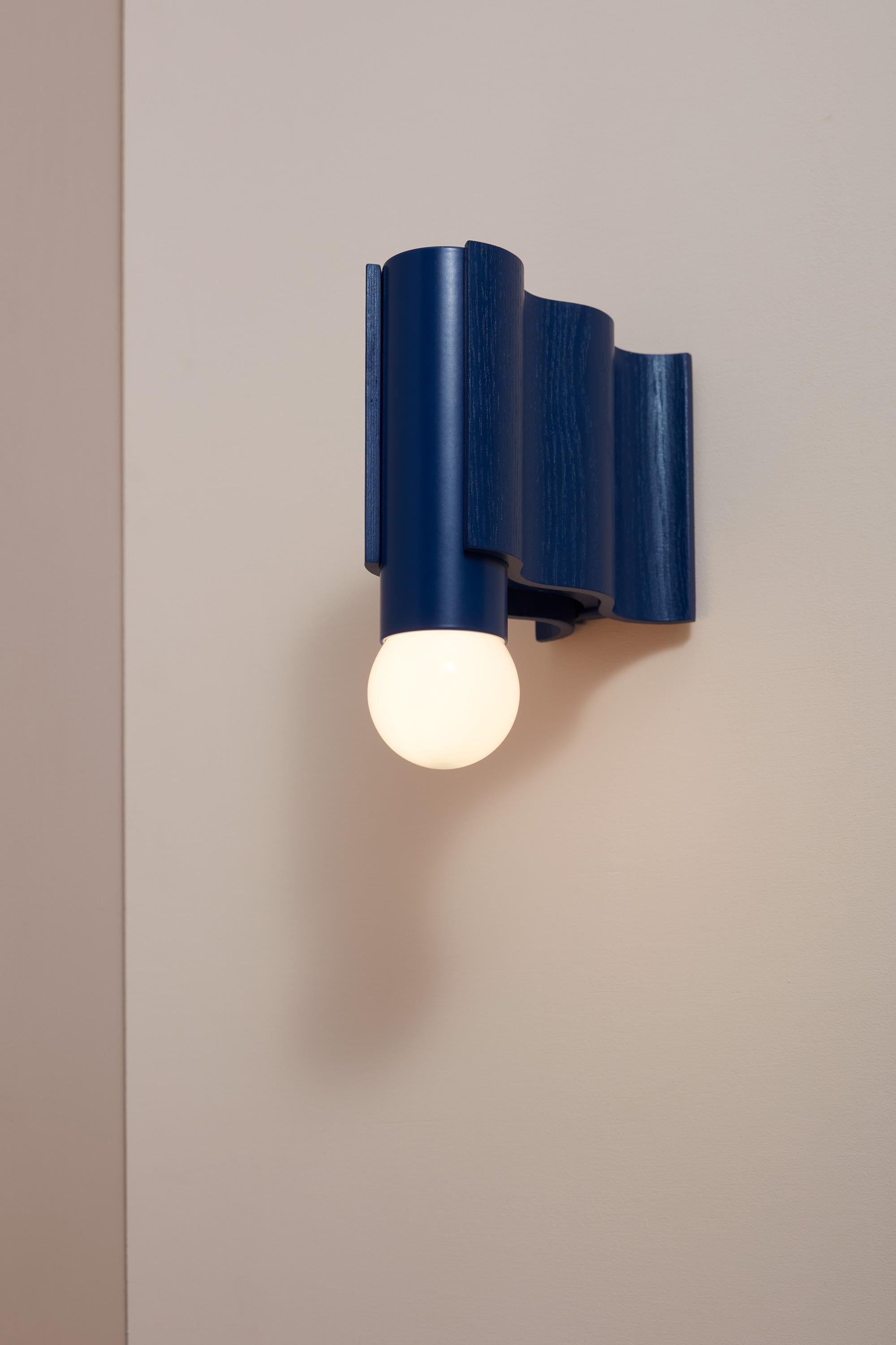 Single Corrugation Sconce or Wall Light in Natural Ash Veneer and Sapphire Blue For Sale 8