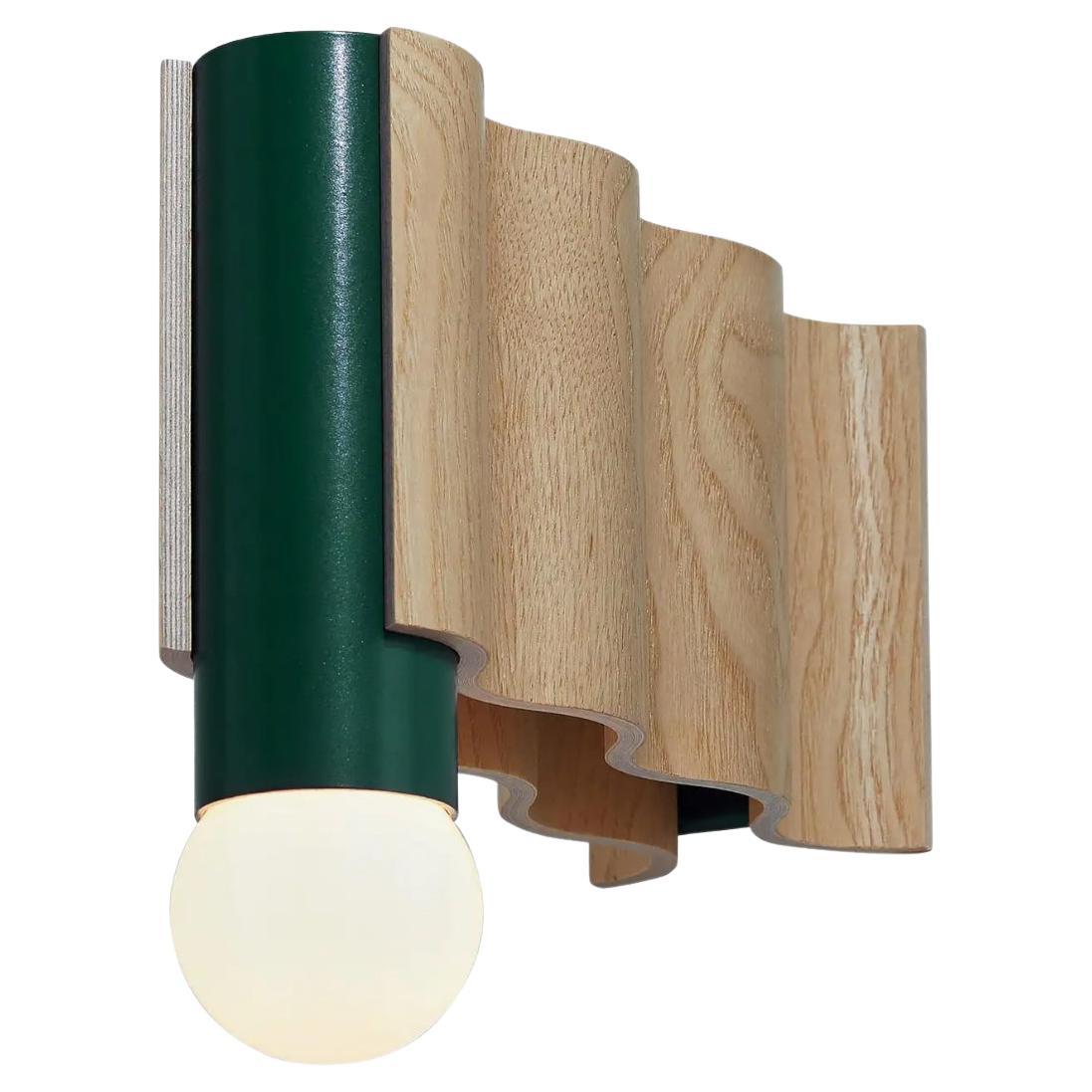 Single Corrugation Sconce / Wall Light in Natural Ash Veneer and Moss Green For Sale
