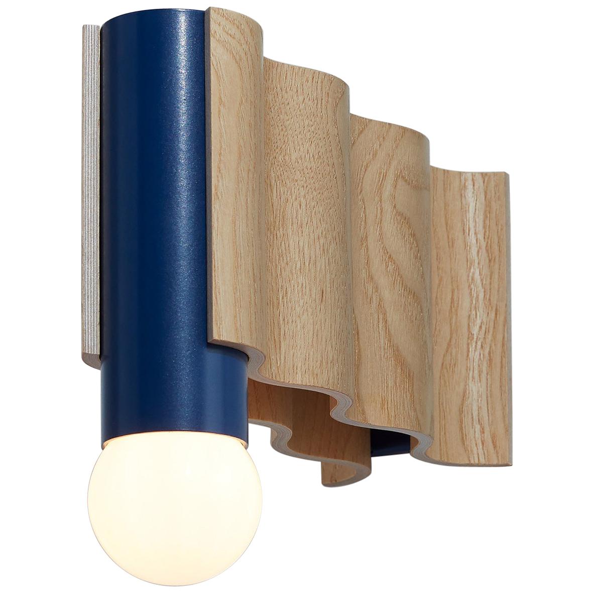 Single Corrugation Sconce or Wall Light in Natural Ash Veneer and Sapphire Blue