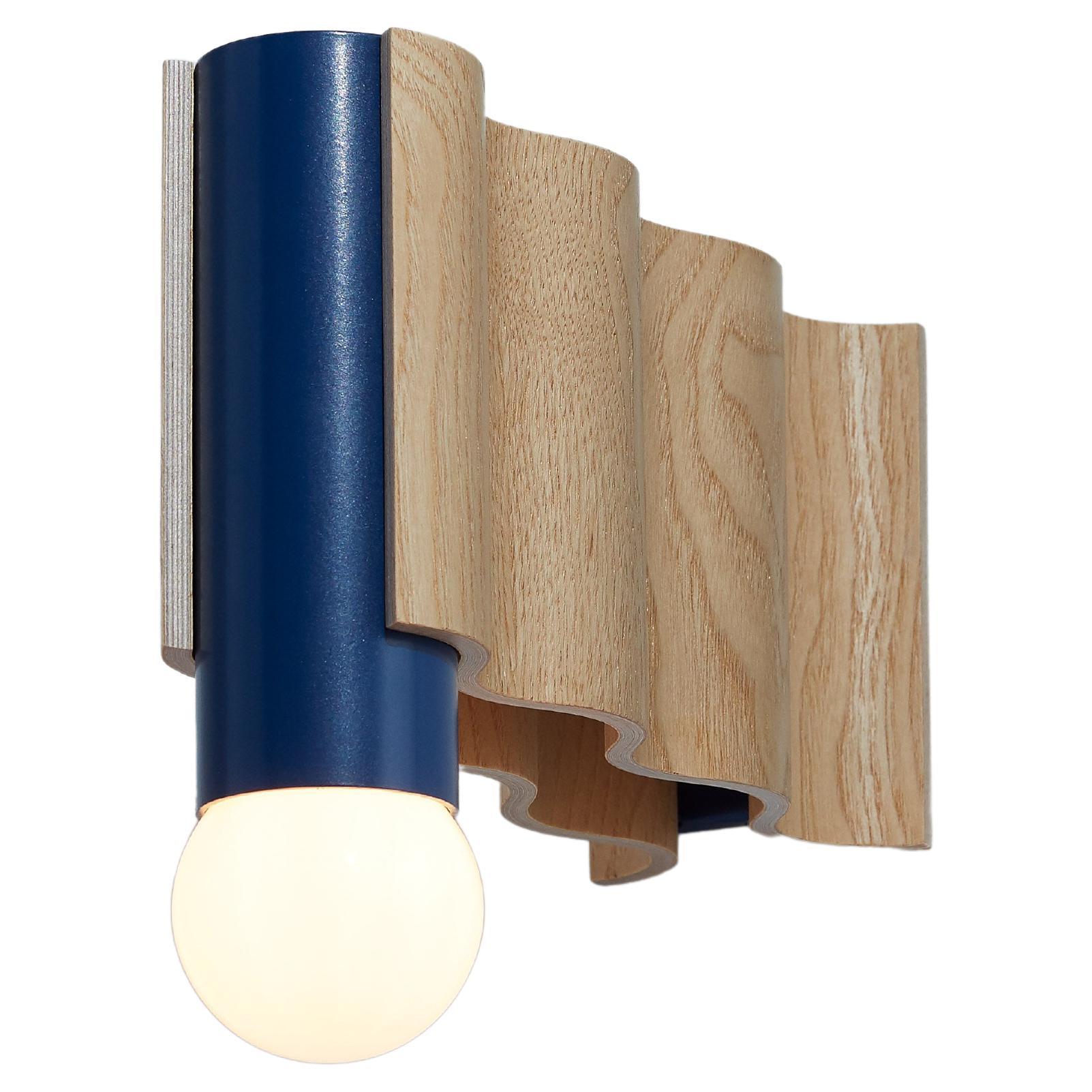 Single Corrugation Sconce / Wall Light in Natural Ash Veneer and Sapphire Blue For Sale