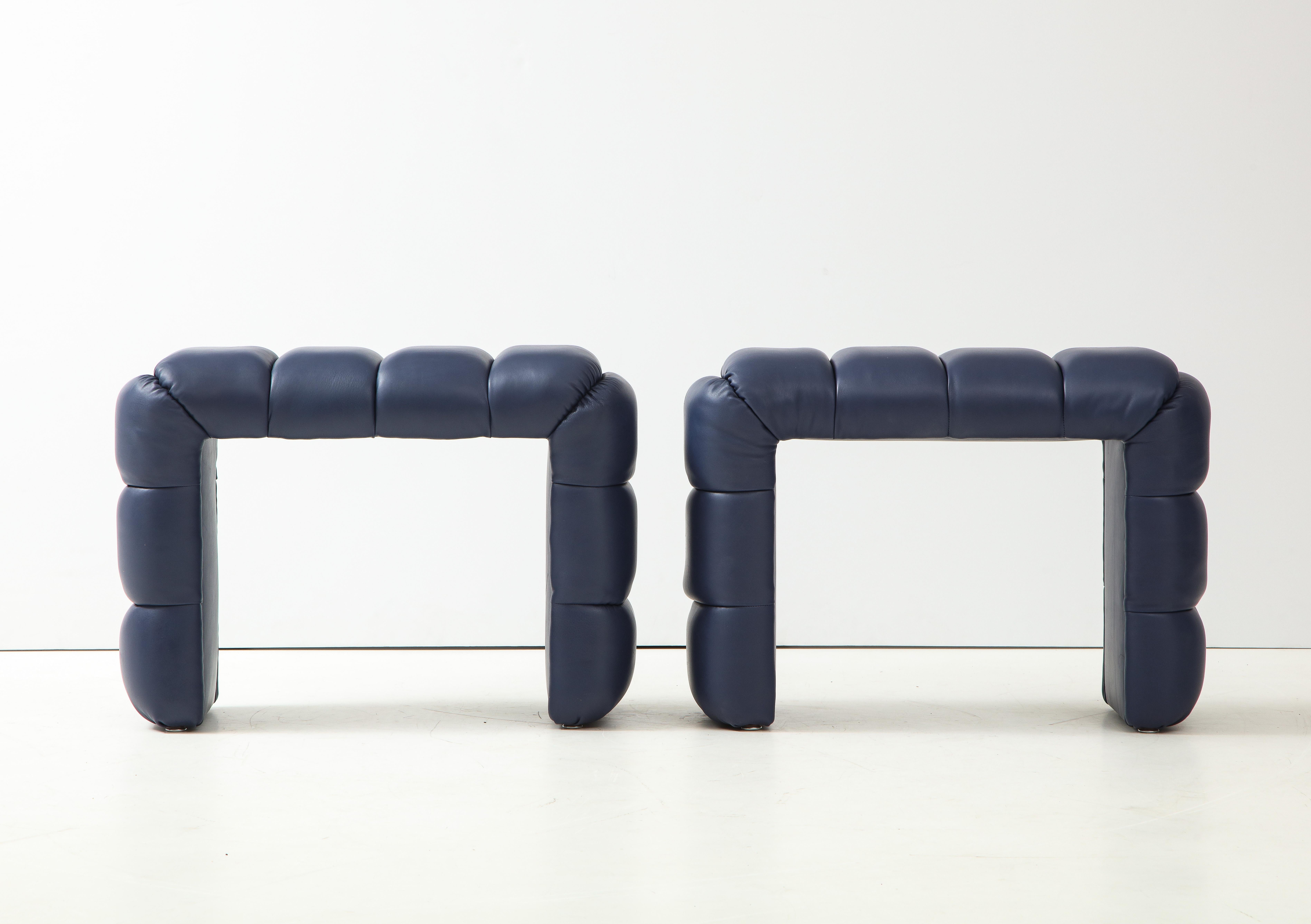 Custom made channel tufted blue soft leather cascade stool or bench, handcrafted in Florence, Italy by an artisan carpenter. One of a kind. Soft Italian leather in a sophisticated deep blue color. Clean lines.  This listing is for a single bench as