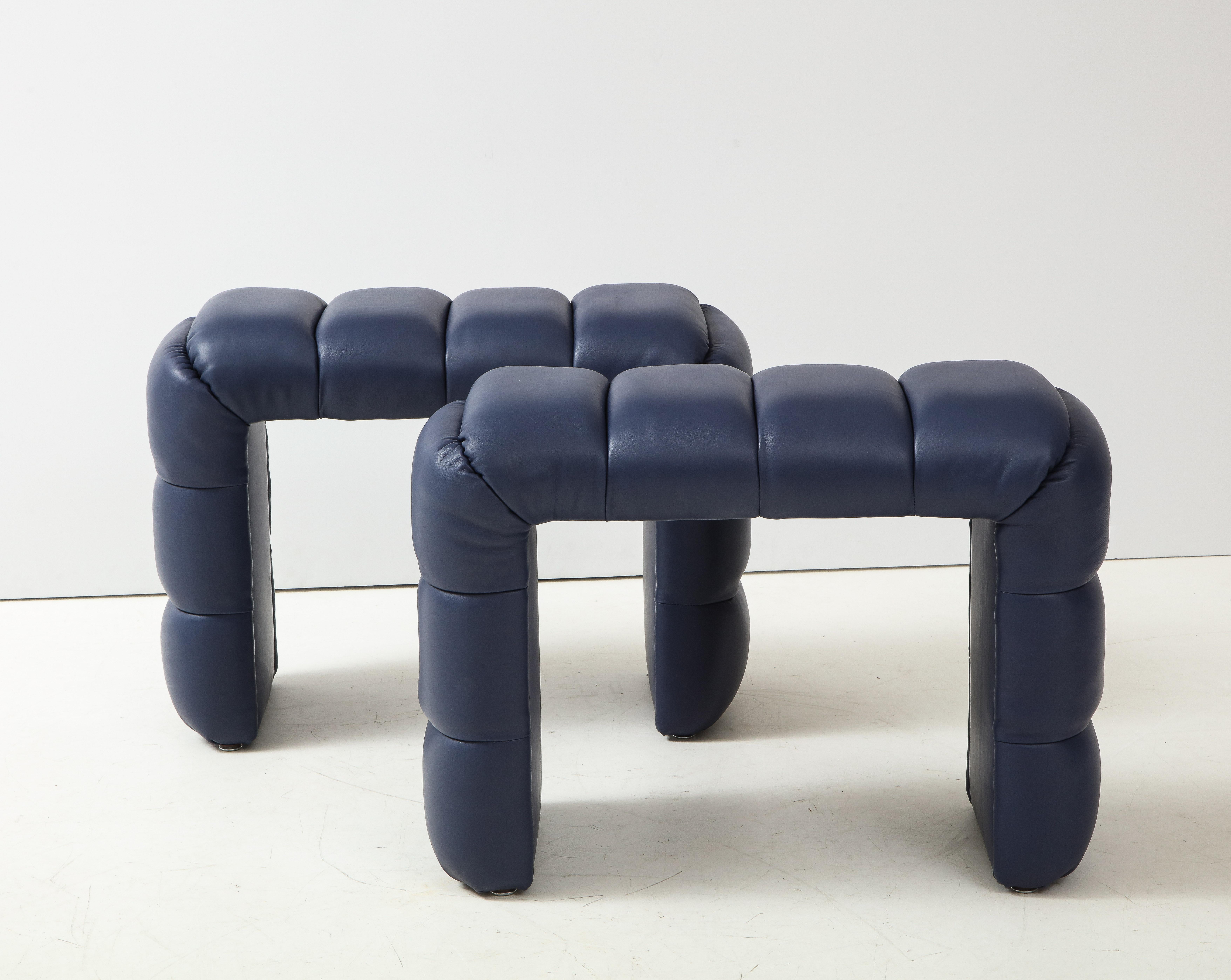Single Custom Channel Tufted Blue Soft Leather Stool or Bench, Italy, 2021 For Sale 1