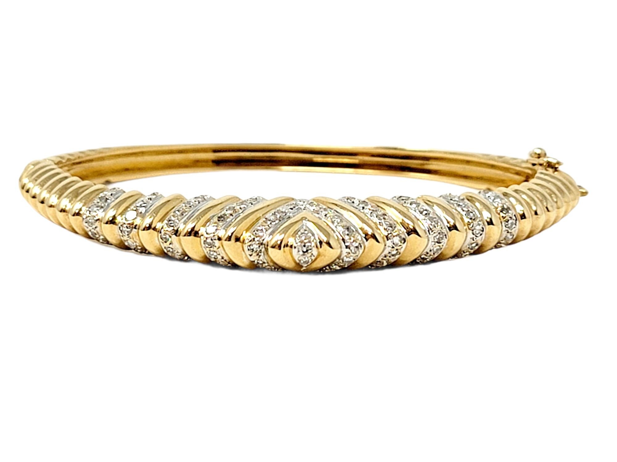 Contemporary Single Cut Diamond Hinged Bangle Bracelet Chevron Dome 14 Karat Yellow Gold  For Sale