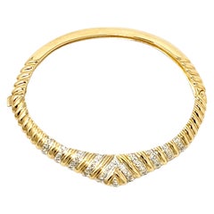 Single Cut Diamond Hinged Bangle Bracelet Chevron Dome 14 Karat Yellow Gold