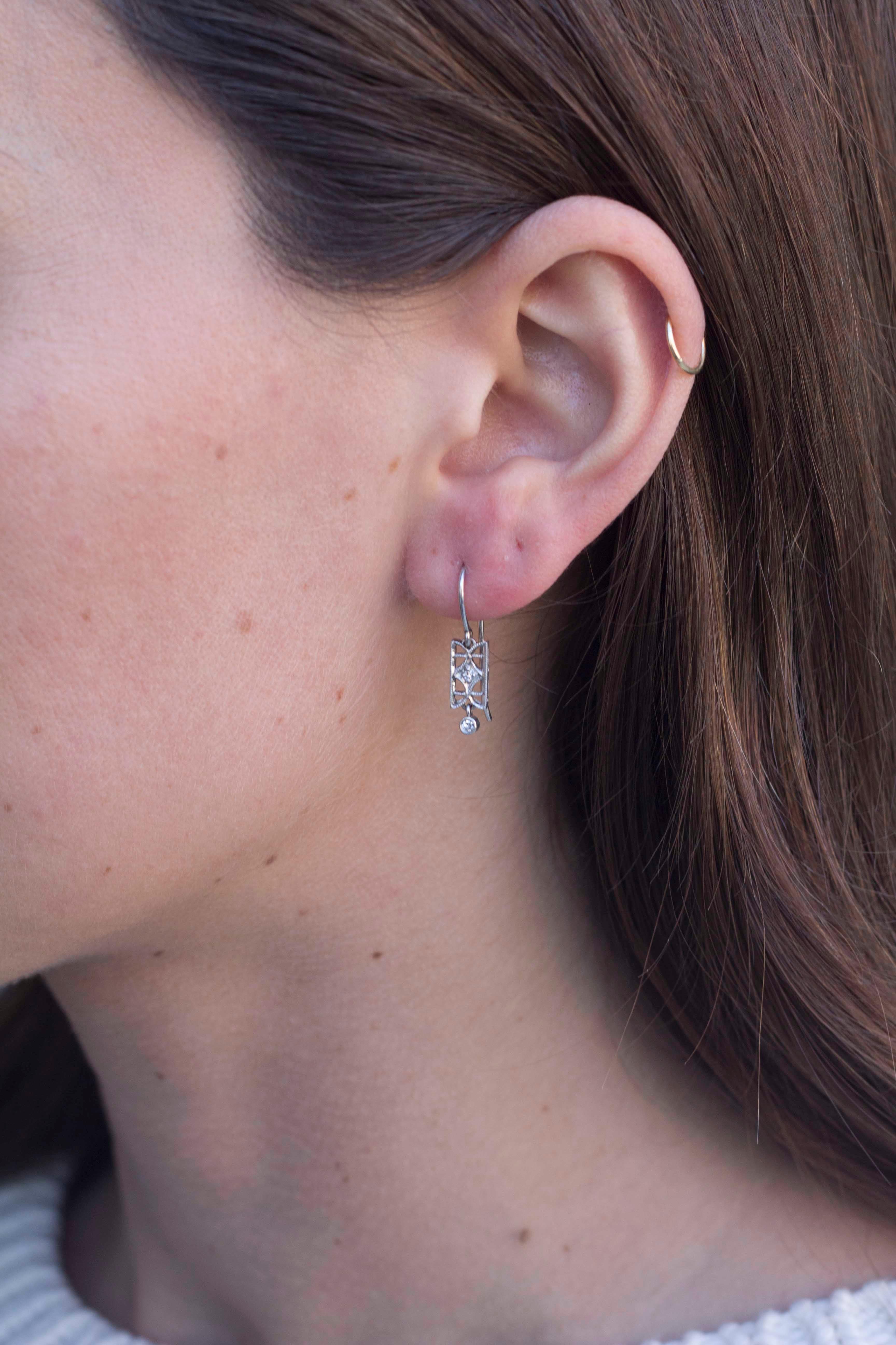 Women's Single Cut Diamonds Set in Handcrafted Platinum Drop Earrings