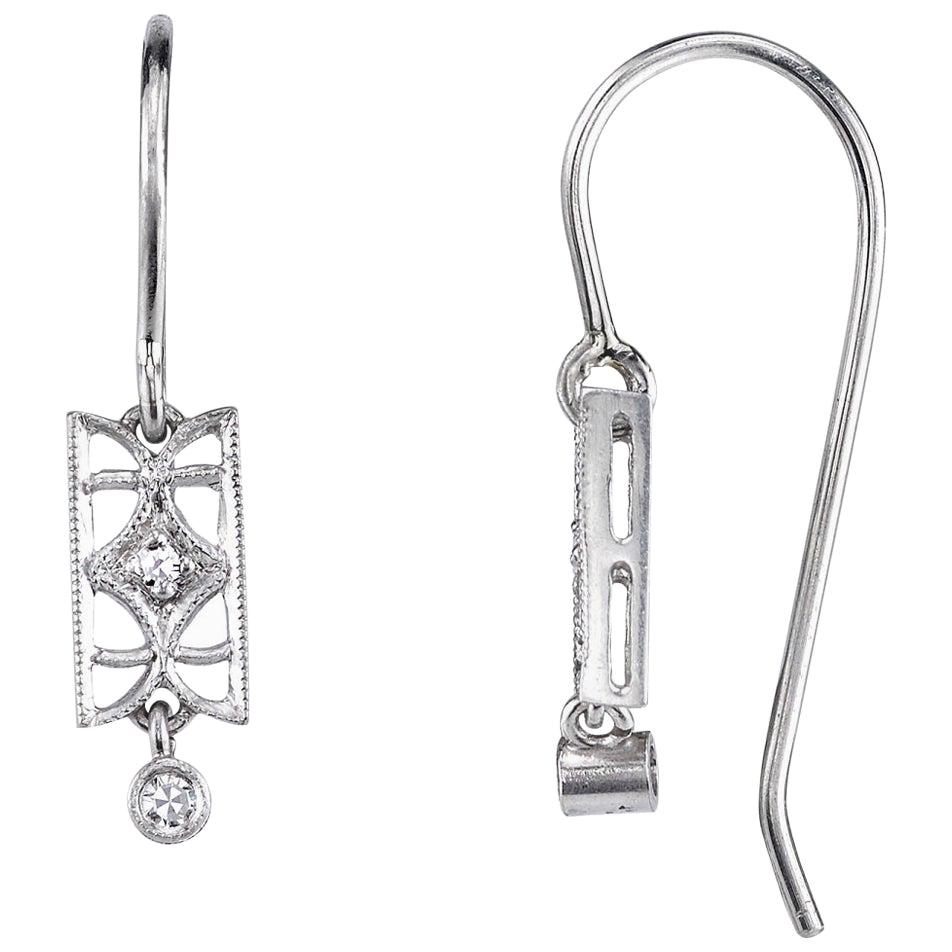 Single Cut Diamonds Set in Handcrafted Platinum Drop Earrings