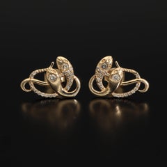 Single Diamond Snake Earring Solid 14k Gold, Victorian Revival Gold Snake Stud