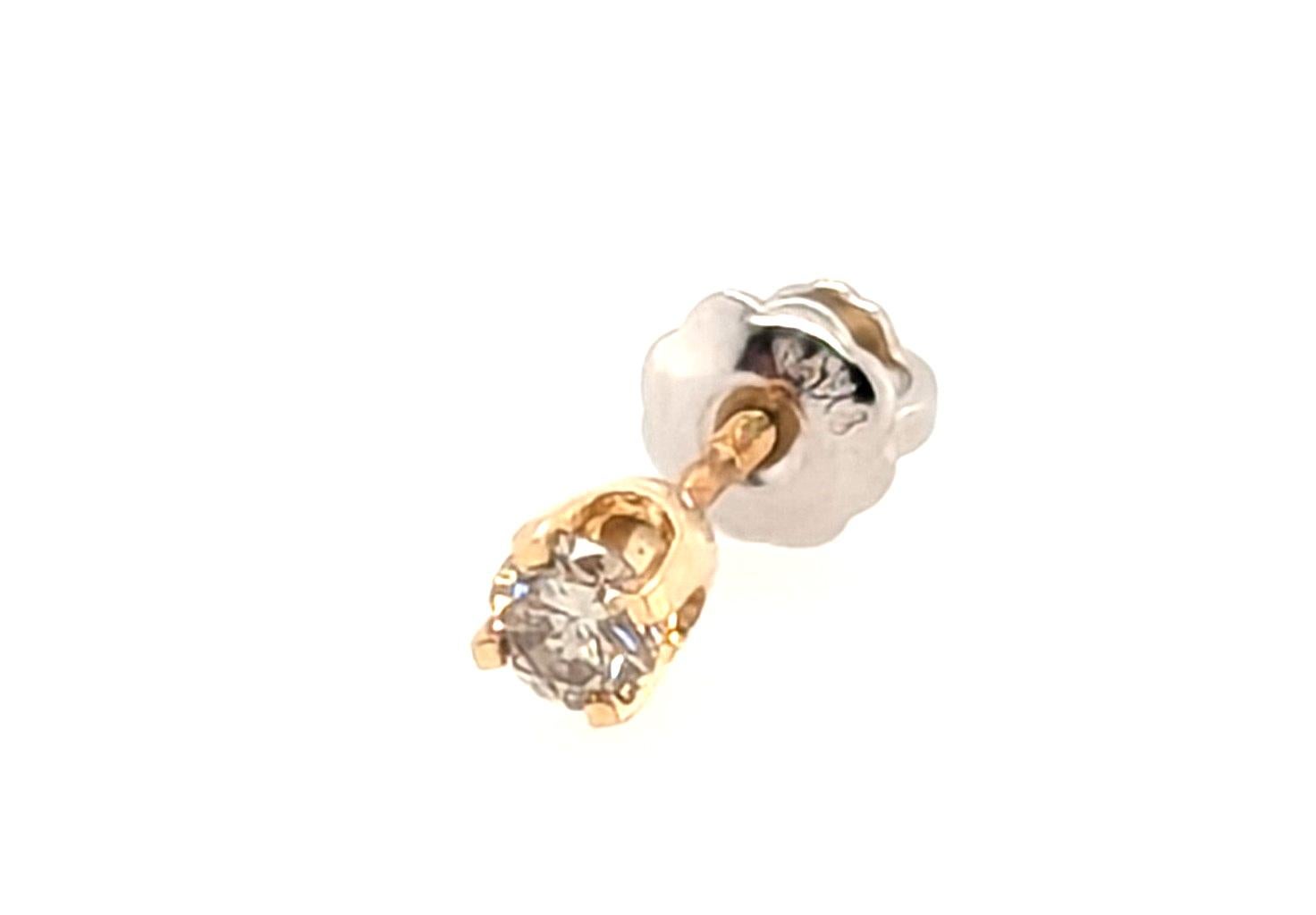 Einzelner Diamant-Ohrstecker 1/8ct 14K Weiß & Gelb Gold Mined J VS Screwback (Rundschliff) im Angebot