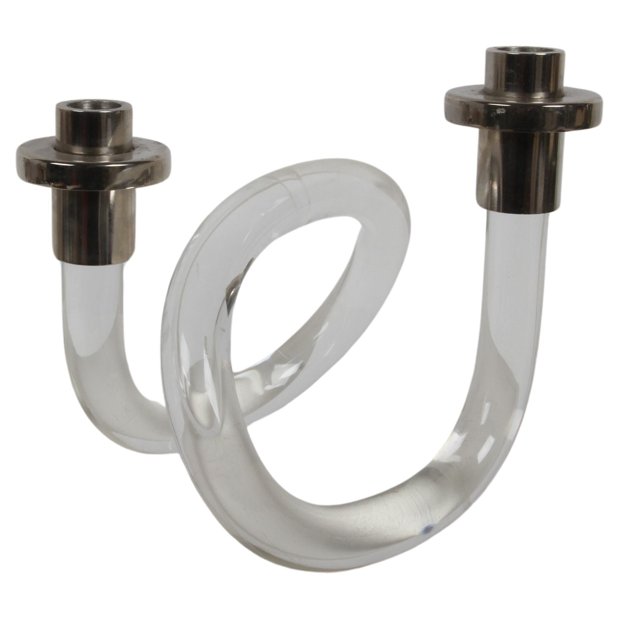 Single Dorothy Thorpe "Pretzel" Twisted Lucite Candlesticks with Chrome Holders