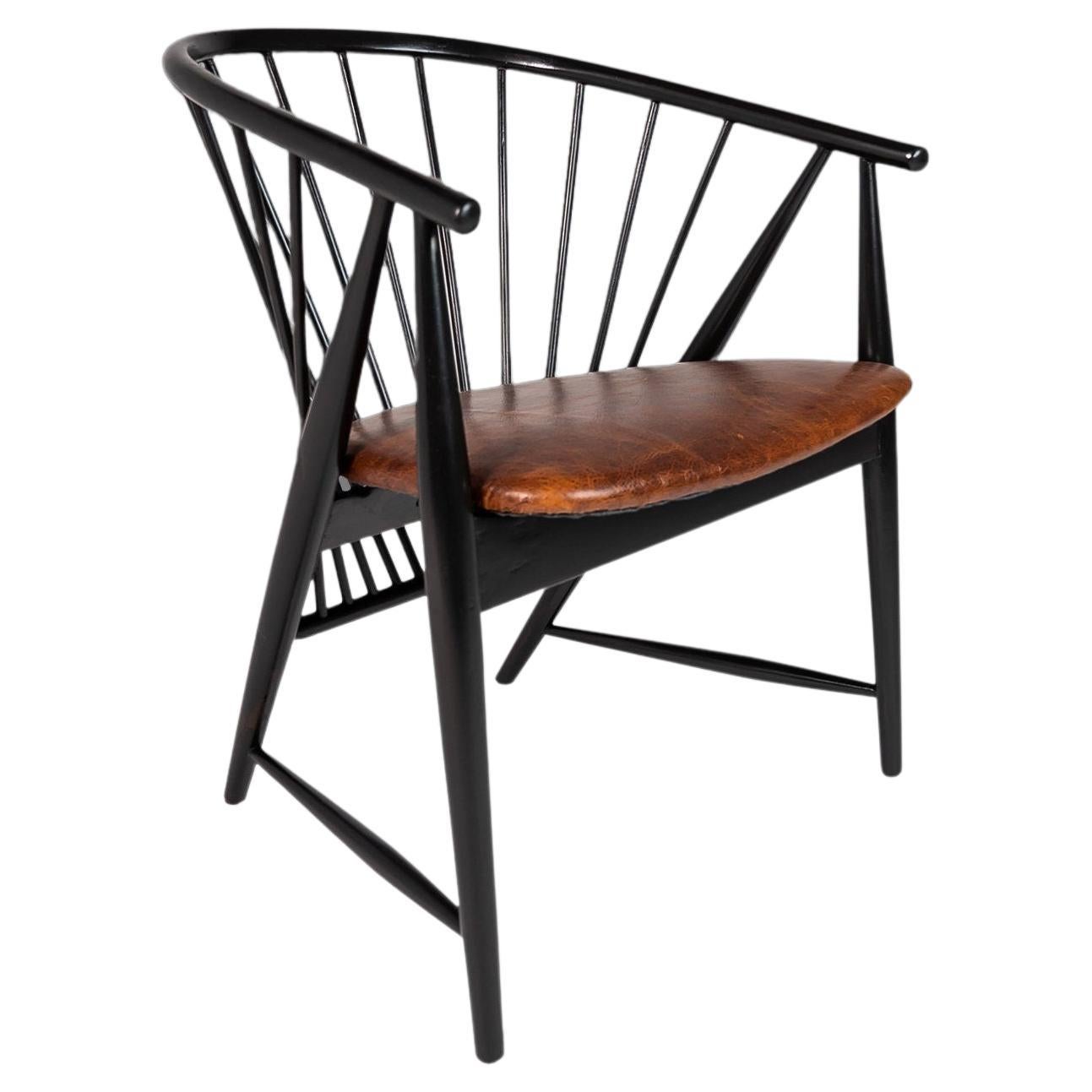 Single Ebonized Spindle Back Sun Feather Chair by Sonna Rosen, Sweden, c 1960s