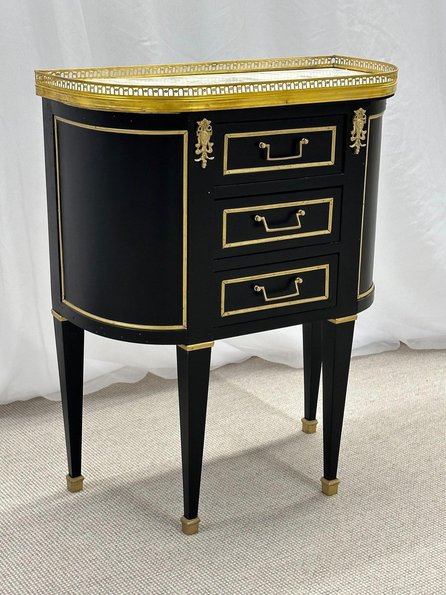 Hollywood Regency Single Ebony Demilune Marble Top Bronze Mounted End / Side Table For Sale