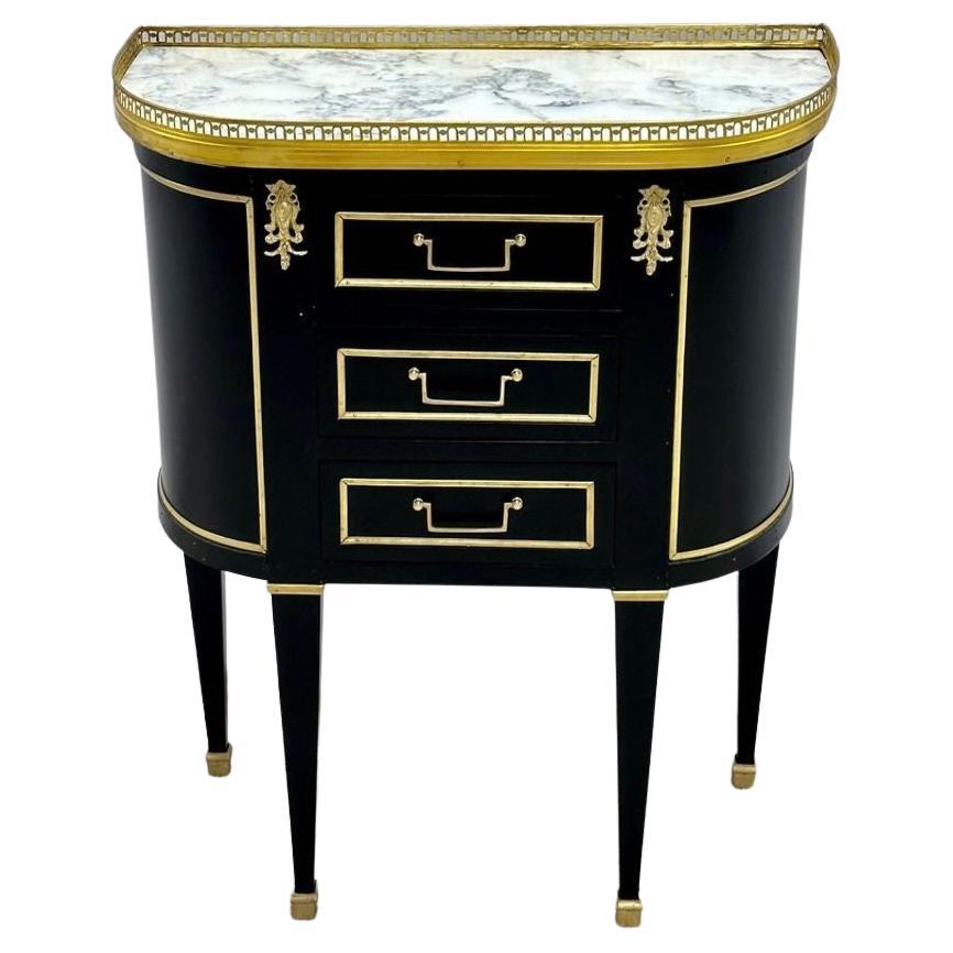 Single Ebony Demilune Marble Top Bronze Mounted End / Side Table For Sale