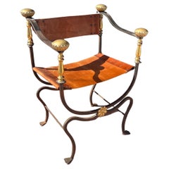 Single Elegant Spanish Savonarola Chair circa 1900s Iron Leather & Brass