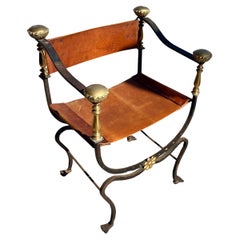 Single Elegant Spanish Savonarola Chair circa 1900s Iron Leather & Brass