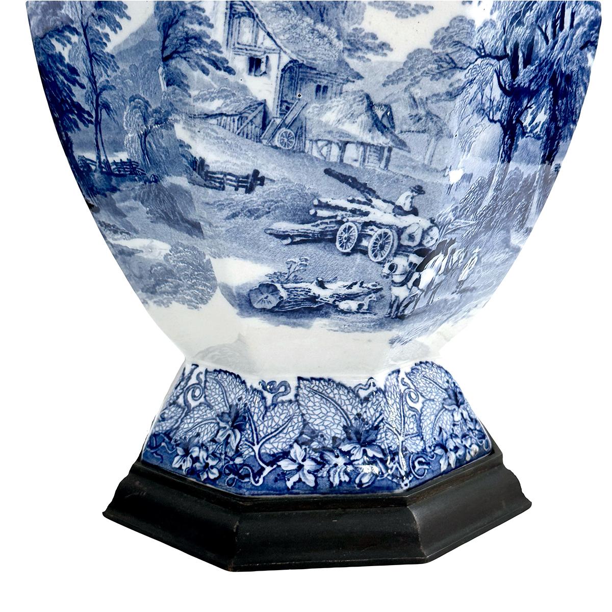 Hand-Carved Single English White and Blue Porcelain lamp For Sale