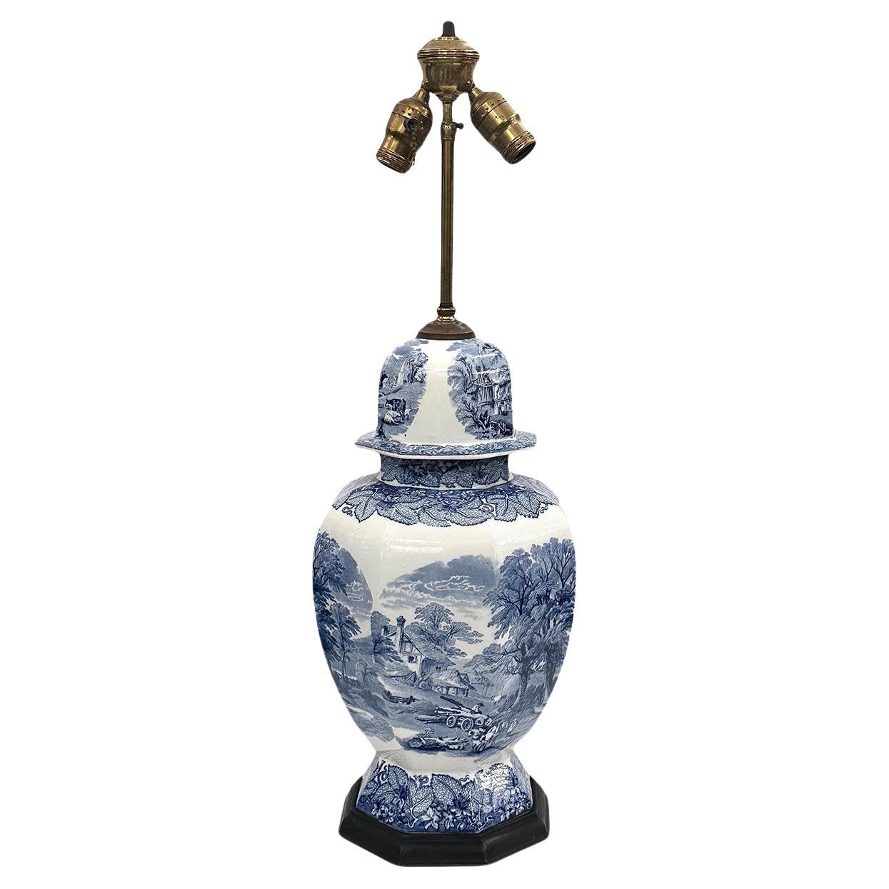 Single English White and Blue Porcelain lamp For Sale