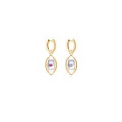 Single Eye Hoop Earring 18 Karat Yellow Gold Akoya Pearls Ruby Diamond