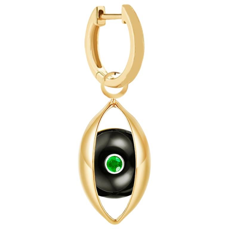 Single Eye Unisex Hoop Earring 18 Karat Yellow Gold Onyx Emerald Diamond For Sale