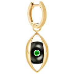 Single Eye Unisex Hoop Earring 18 Karat Yellow Gold Onyx Emerald Diamond