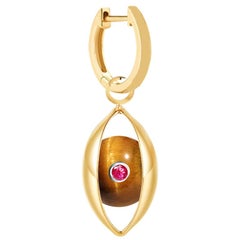 Single Eye Unisex Hoop Earring 18 Karat Yellow Gold Tiger's Eye Ruby Diamond