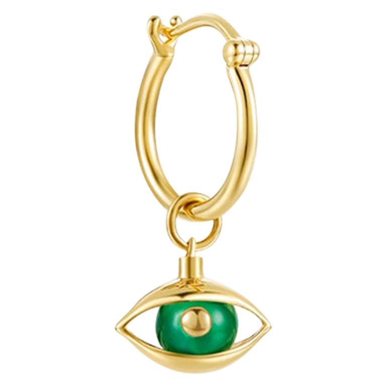 Single Eye Unisex Mini Hoop Earring 18 Karat Yellow Gold Green Chalcedony Beads For Sale