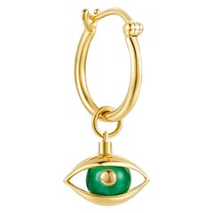 Single Eye Unisex Mini Hoop Earring 18 Karat Yellow Gold Green Chalcedony Beads