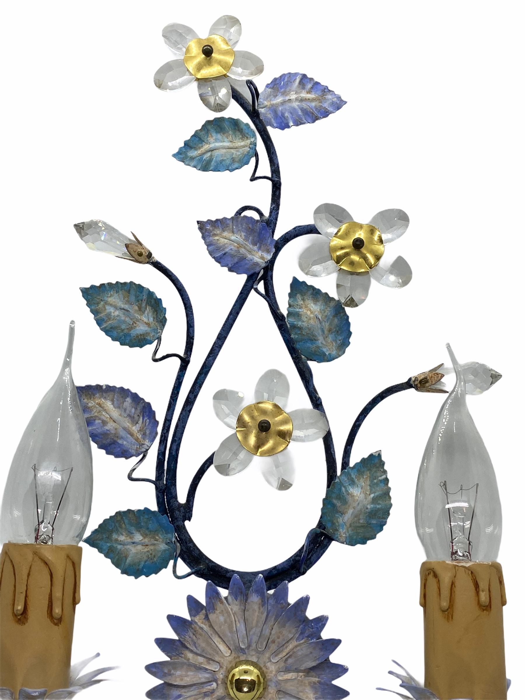 Single Florentine Italian Crystal Flower Wall Sconce, Italy, 1980s In Good Condition In Nuernberg, DE