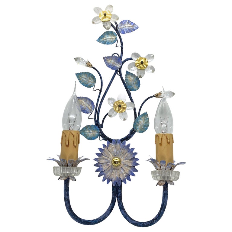 Single Florentine Italian Crystal Flower Wall Sconce, Italy, 1980s at