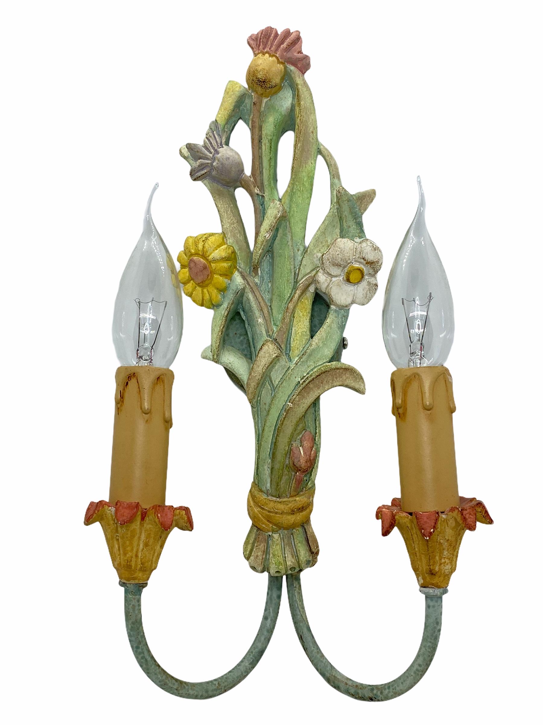 Late 20th Century Single Florentine Italian Floral Sconce, Italy, 1980s For Sale